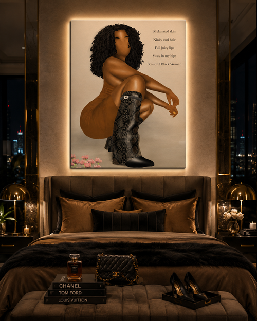 Beautiful Black Woman wall art in a styled room