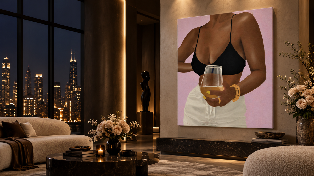 Unwine Chocolate artwork on an oversized canvas in a luxury penthouse interior