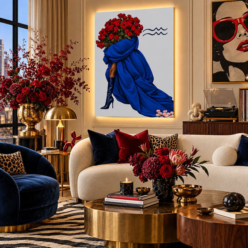 Aquarius Written in Bloom zodiac wall art — living room view