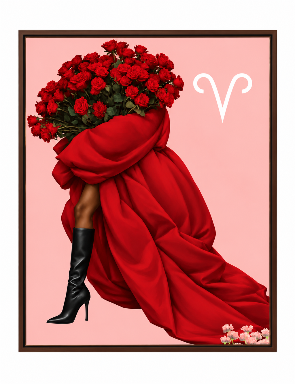 Aries Written in Bloom zodiac wall art framed on white