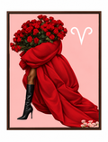 Aries Written in Bloom zodiac wall art framed on white
