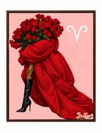 Aries Written in Bloom zodiac wall art framed on white