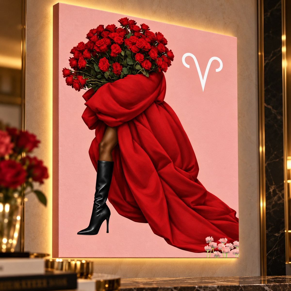 Aries Written in Bloom zodiac canvas close-up