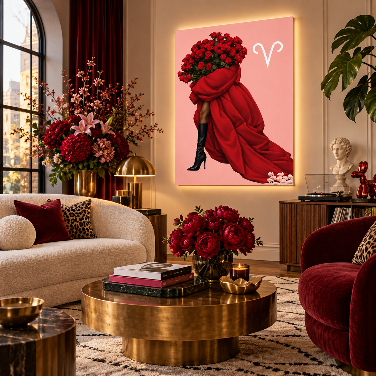 Aries Written in Bloom zodiac canvas living room view