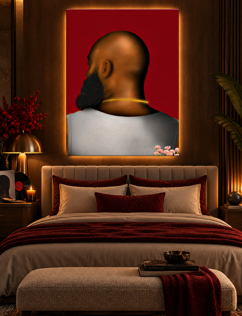 Bald 30x40 canvas wall art in a warm luxury bedroom with LED backlighting