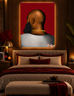 Bald 30x40 canvas wall art in a warm luxury bedroom with LED backlighting