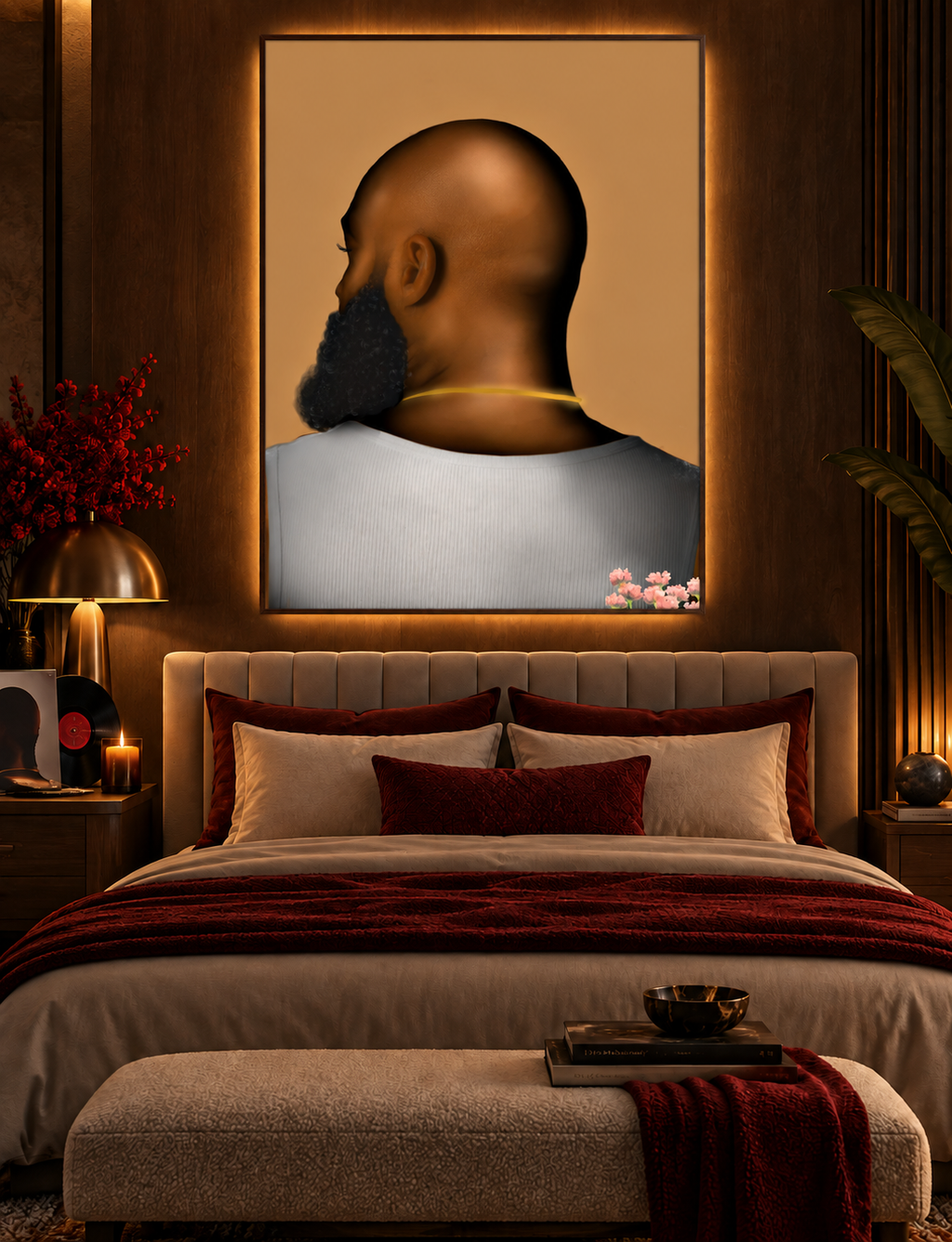 BALD Brown 30x40 canvas in a warm luxury bedroom with LED backlighting