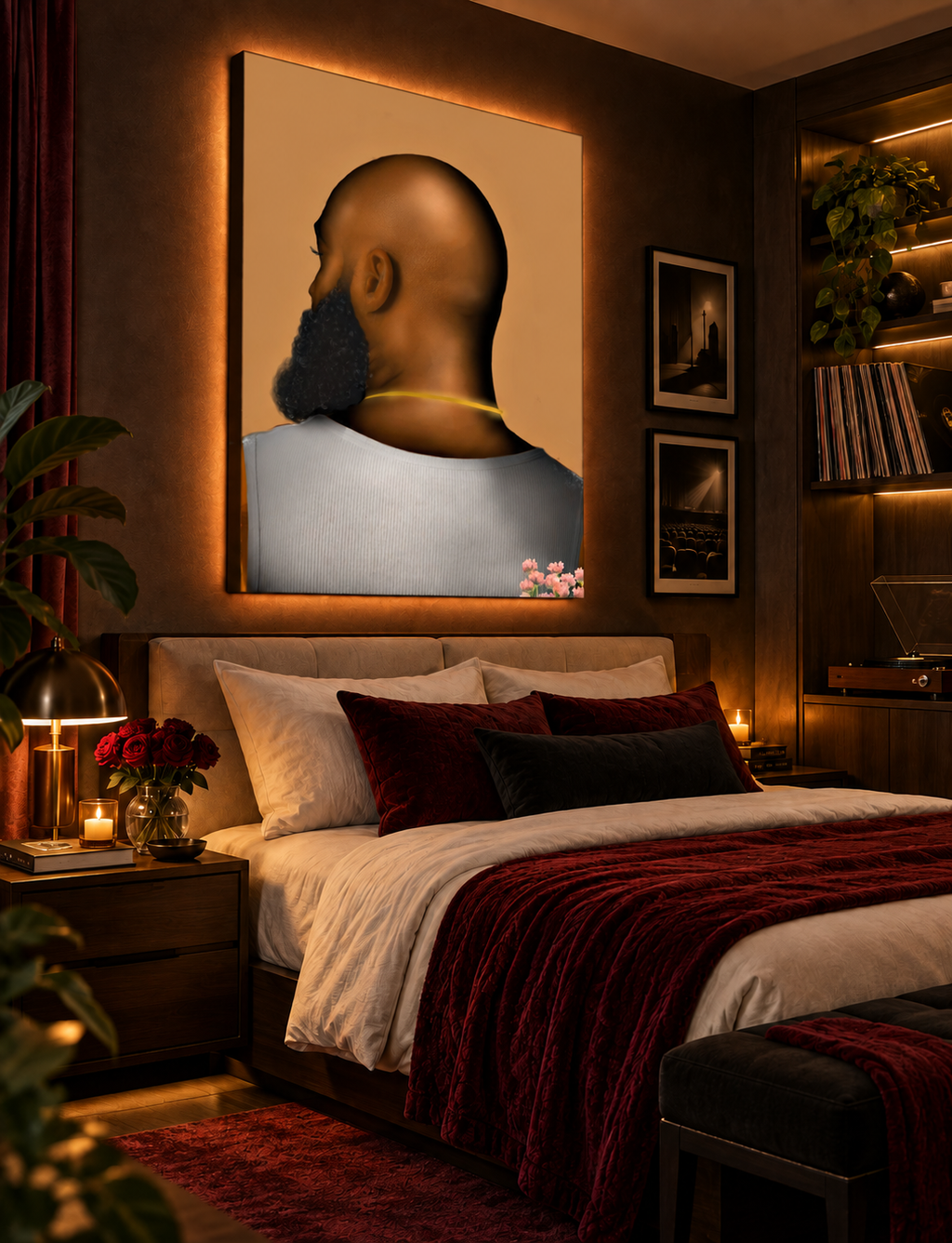 BALD Brown canvas displayed in an upscale bedroom
