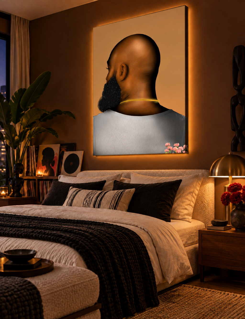 BALD Brown Black man wall art in a modern luxury bedroom