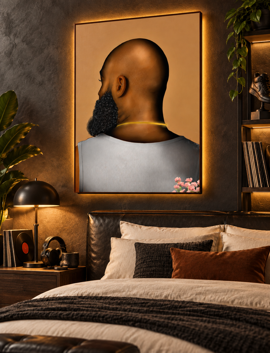 BALD Brown portrait canvas in a masculine bedroom with music-inspired decor