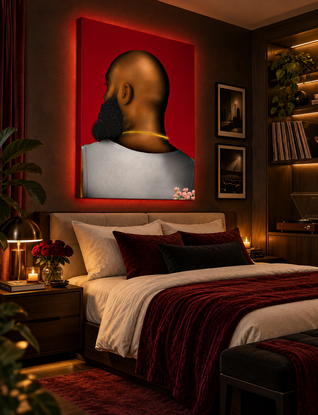 Bald red portrait canvas displayed above a luxury bedroom
