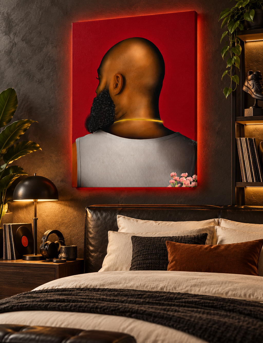 Bald portrait canvas in a masculine luxury bedroom with music-inspired decor