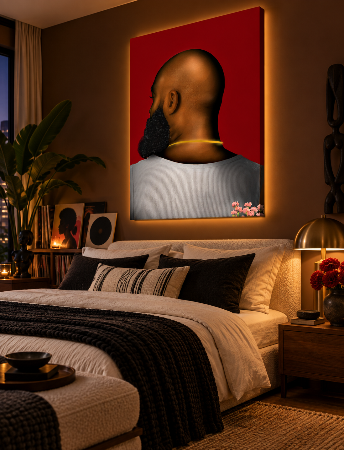Bald Black man wall art canvas in a modern upscale bedroom