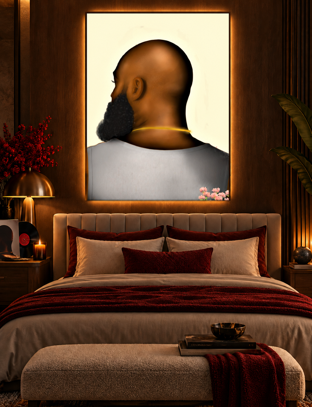 BALD Cream 30x40 canvas in a warm luxury bedroom with LED backlighting