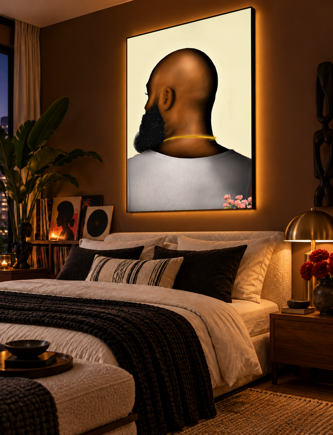BALD Cream Black man wall art in a modern luxury bedroom