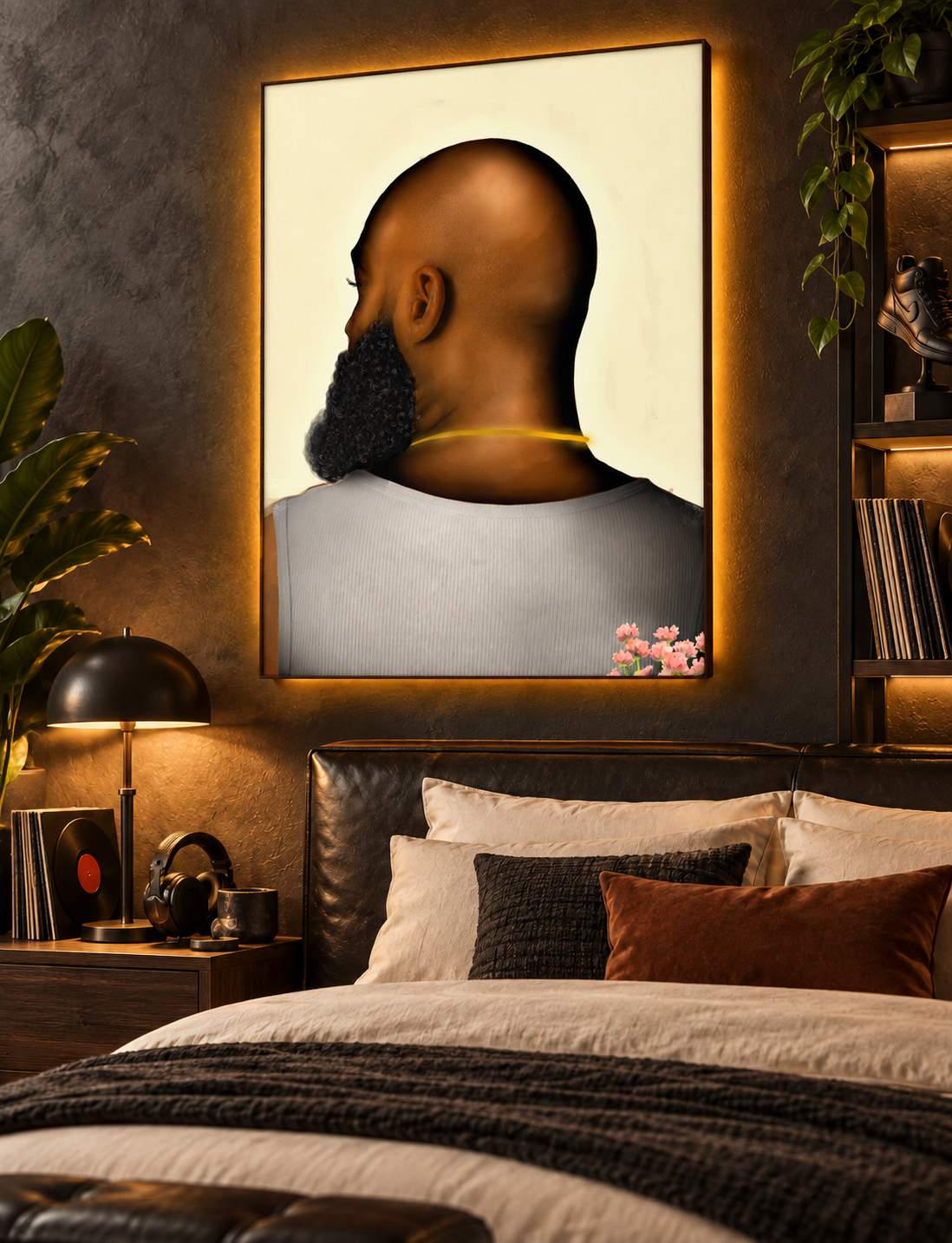 BALD Cream portrait canvas in a masculine bedroom with music-inspired decor