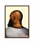 BALD Cream Black man portrait wall art in a slim dark frame