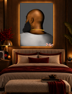 BALD Grey 30x40 canvas in a warm luxury bedroom with LED backlighting