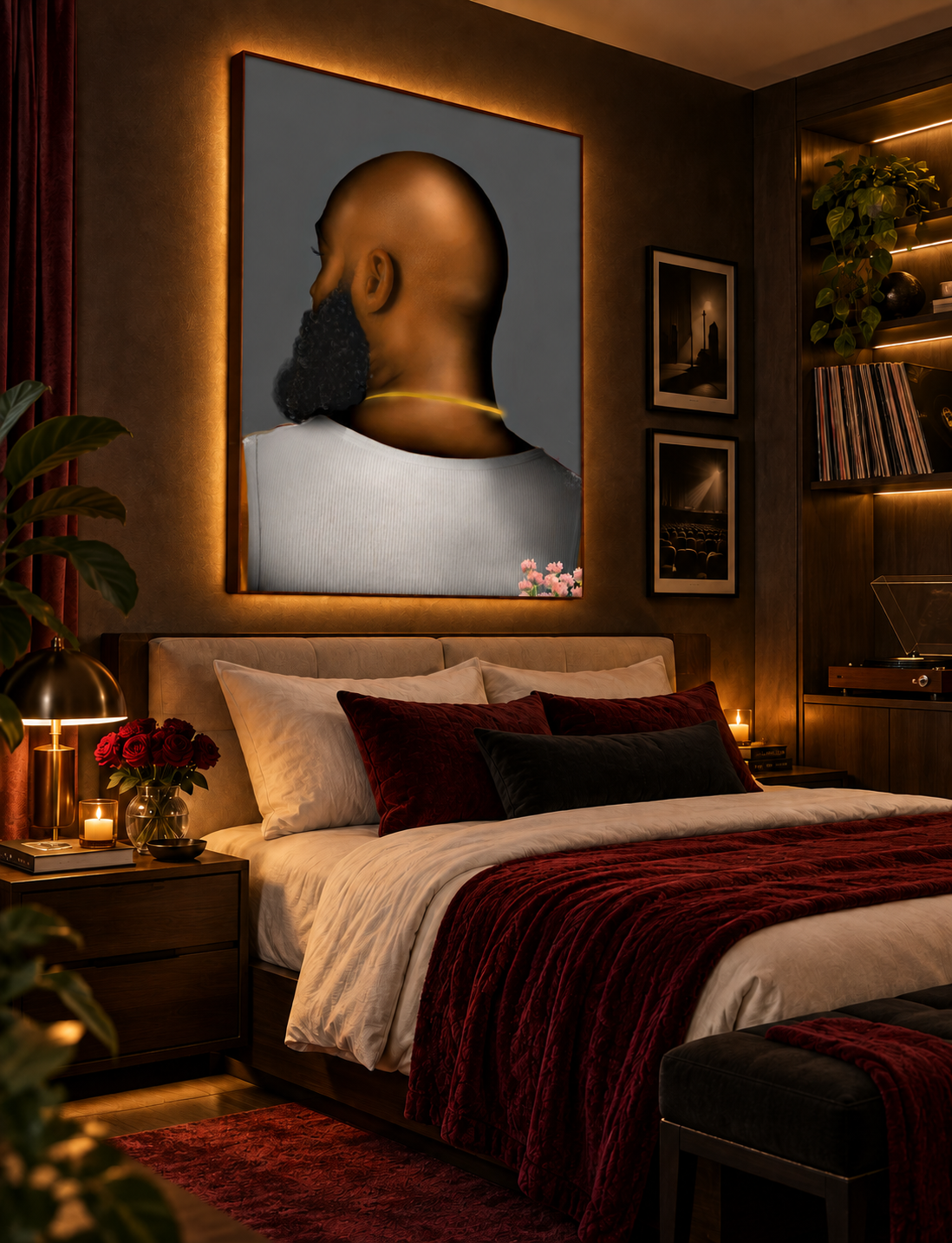 BALD Grey canvas displayed in an upscale bedroom