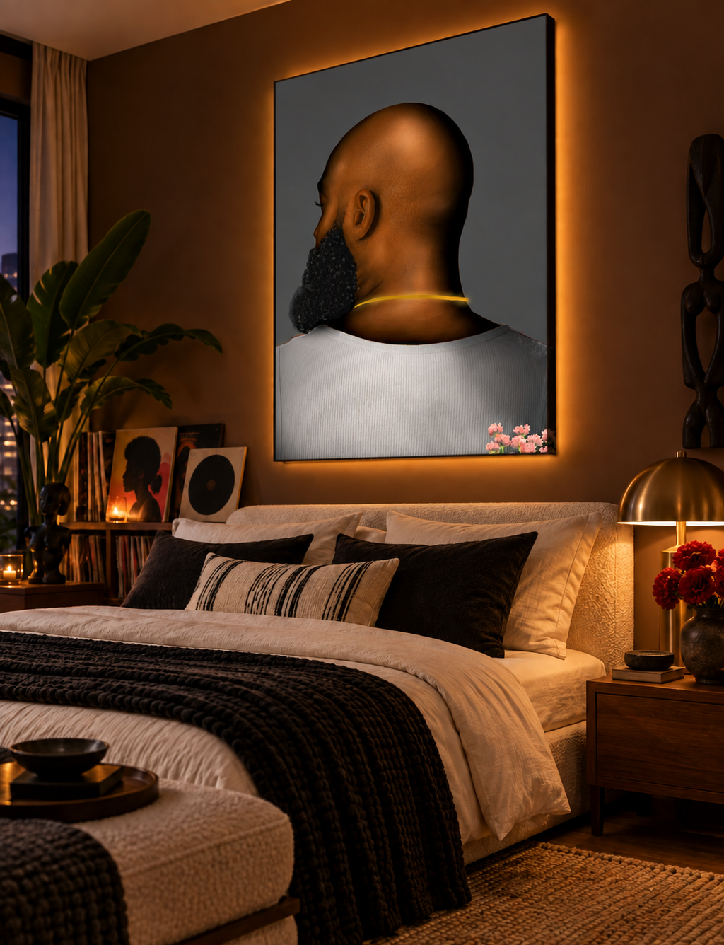 BALD Grey Black man wall art in a modern luxury bedroom