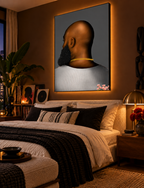 BALD Grey Black man wall art in a modern luxury bedroom