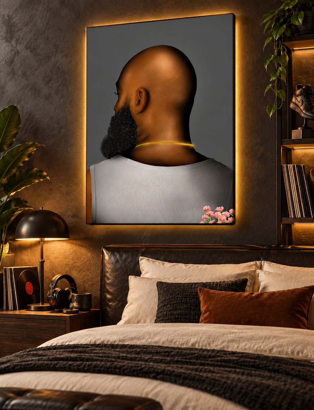 BALD Grey portrait canvas in a masculine bedroom with music-inspired decor