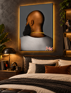 BALD Grey portrait canvas in a masculine bedroom with music-inspired decor