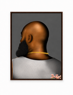 BALD Grey Black man portrait wall art in a slim dark frame