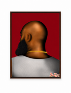 Bald Black man portrait wall art by Aaronya Paints in a slim dark frame