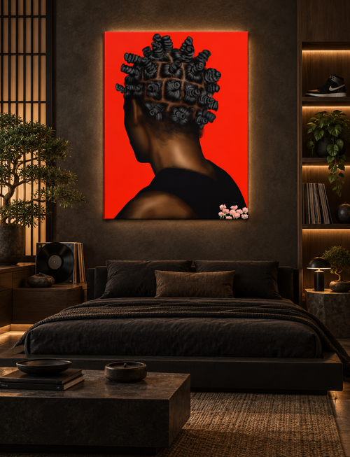 BANTU MEN 30x40 canvas in a luxury Japanese urban bedroom
