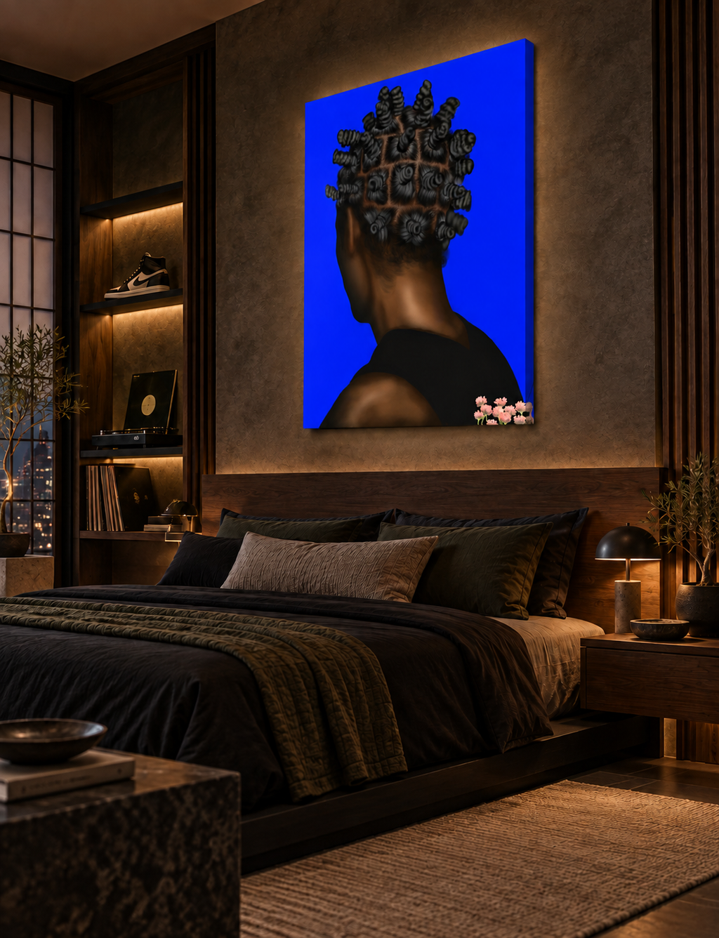 BANTU MEN blue canvas above a luxury dark wood bed
