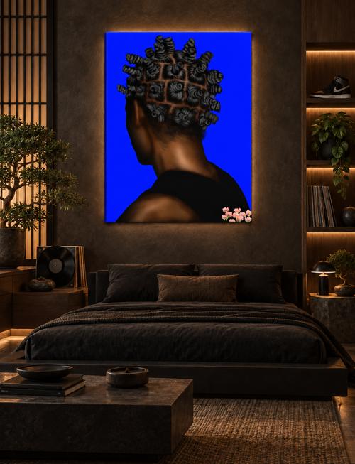 BANTU MEN blue canvas in a luxury Japanese urban bedroom