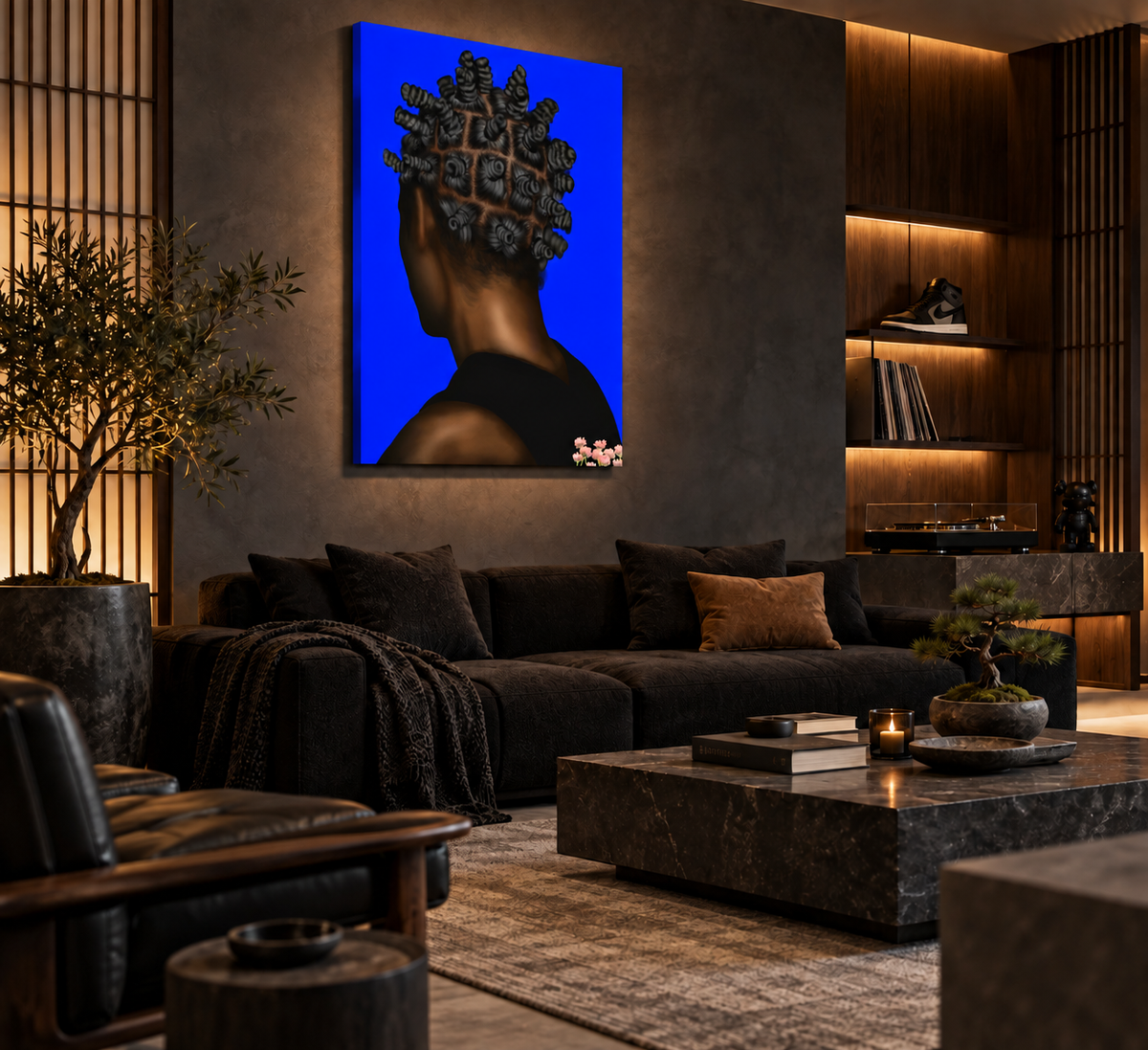 BANTU MEN blue canvas in a masculine Japanese urban lounge