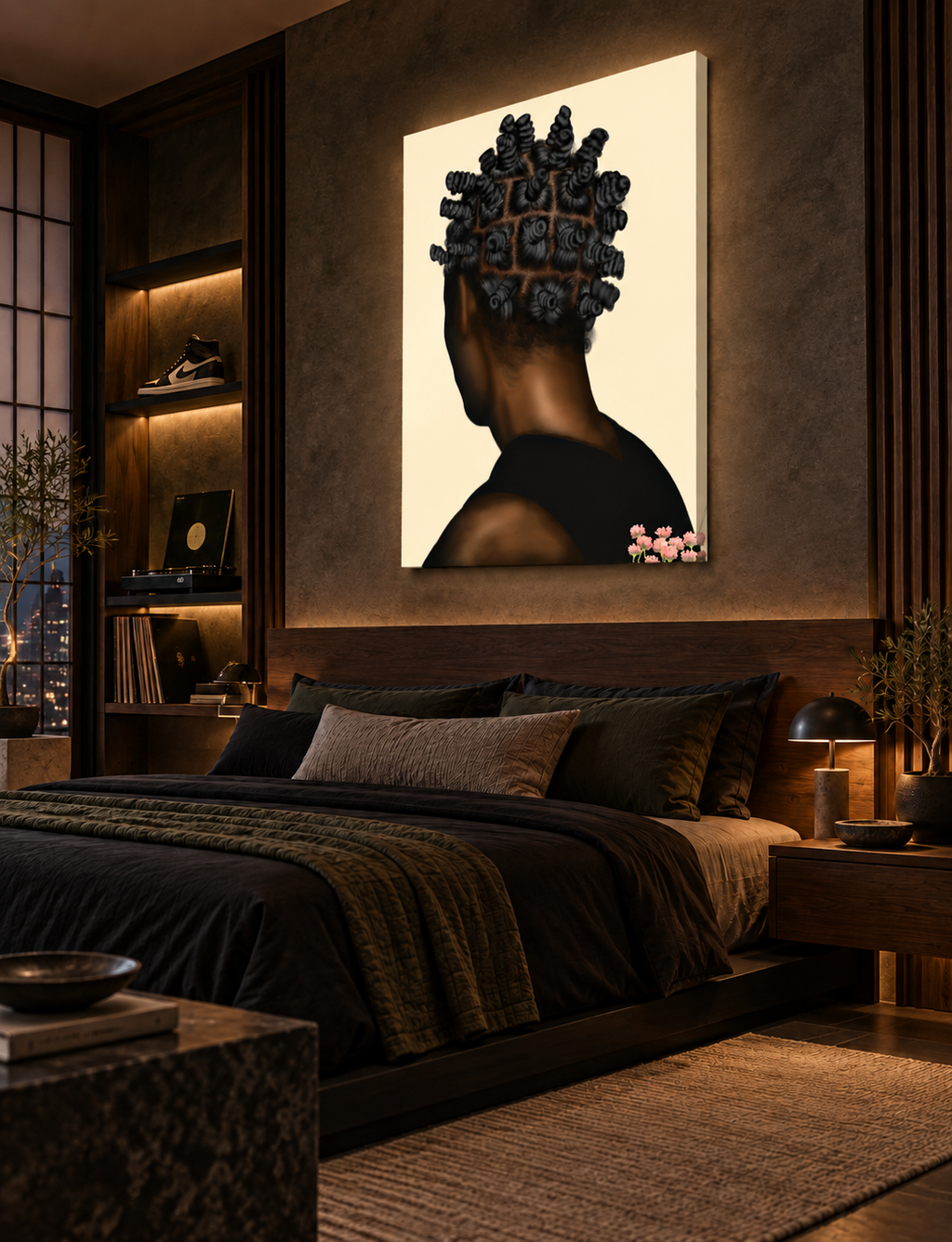 BANTU MEN cream canvas above a luxury dark wood bed