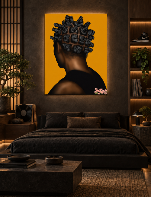 BANTU MEN gold canvas in a luxury Japanese urban bedroom