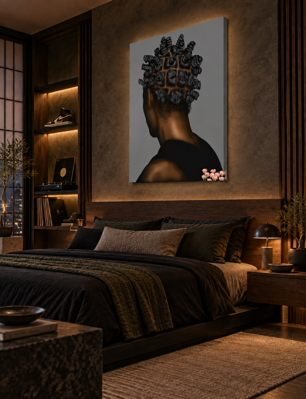 BANTU MEN grey canvas above a luxury dark wood bed