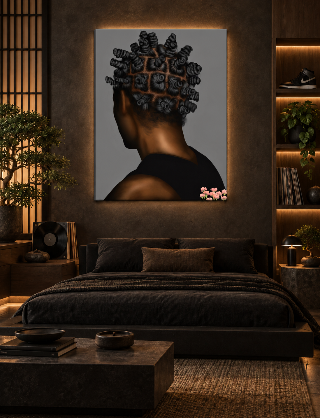 BANTU MEN grey canvas in a luxury Japanese urban bedroom