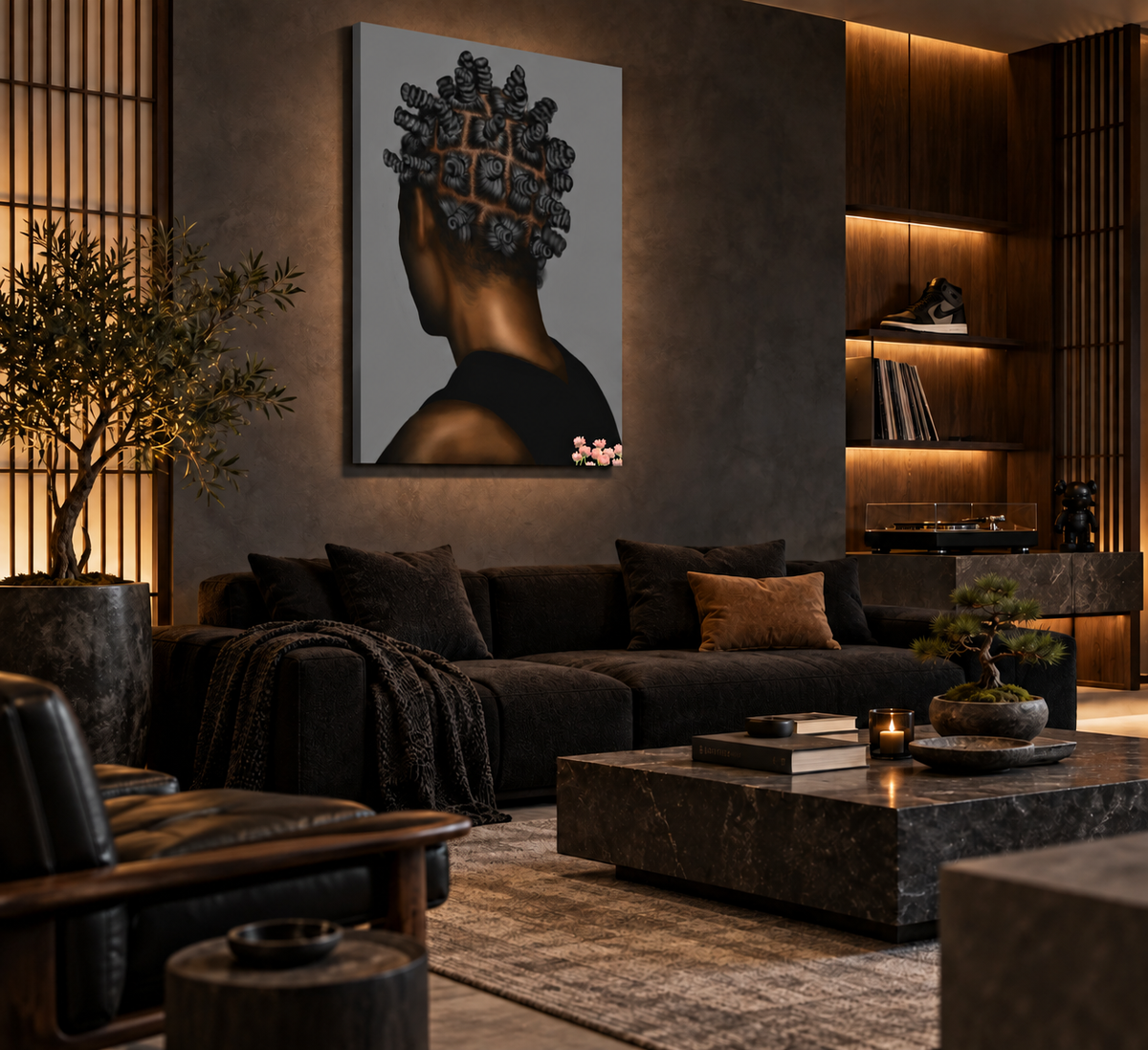 BANTU MEN grey canvas in a masculine Japanese urban lounge