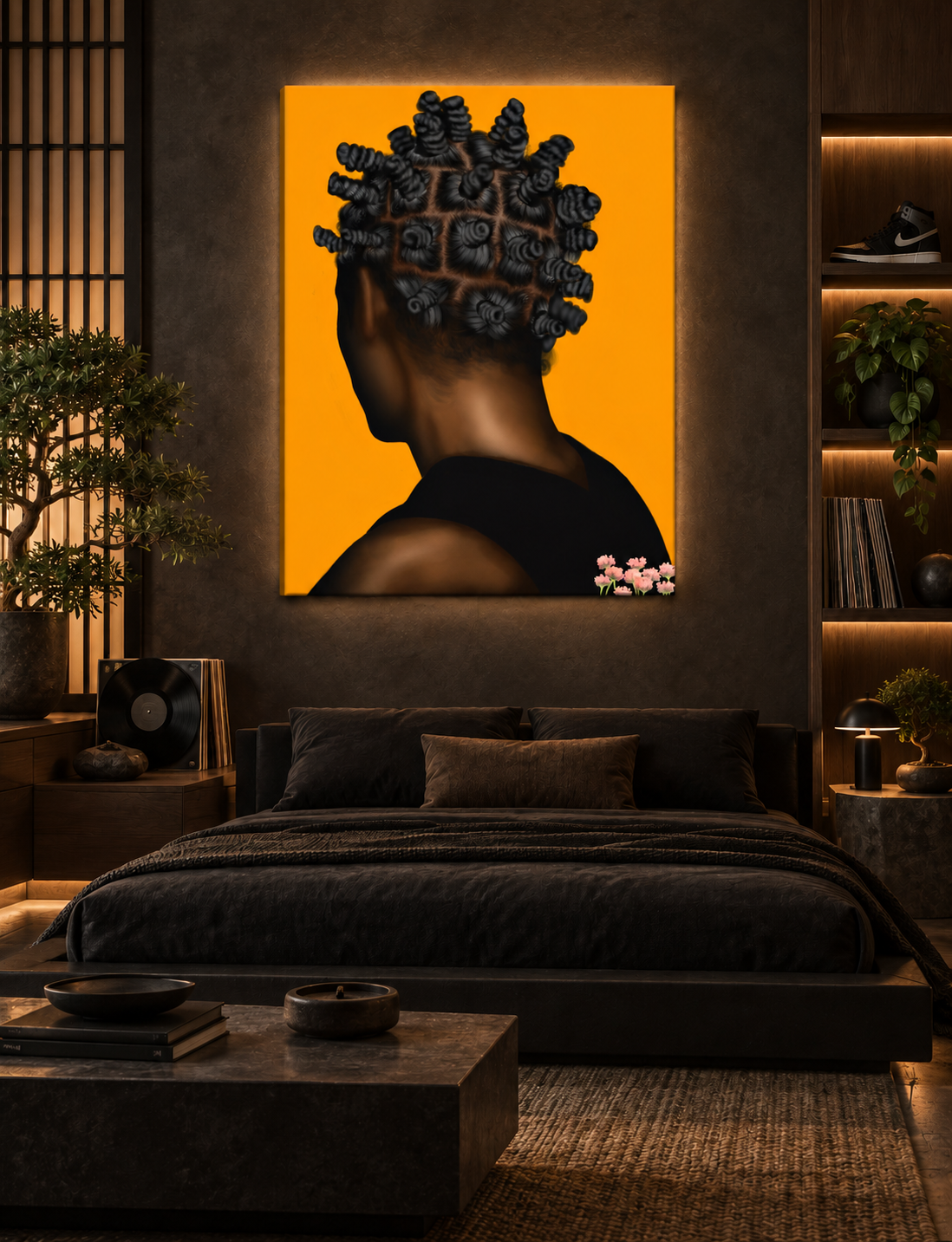 BANTU MEN orange canvas in a luxury Japanese urban bedroom