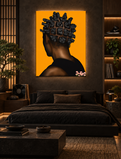 BANTU MEN orange canvas in a luxury Japanese urban bedroom