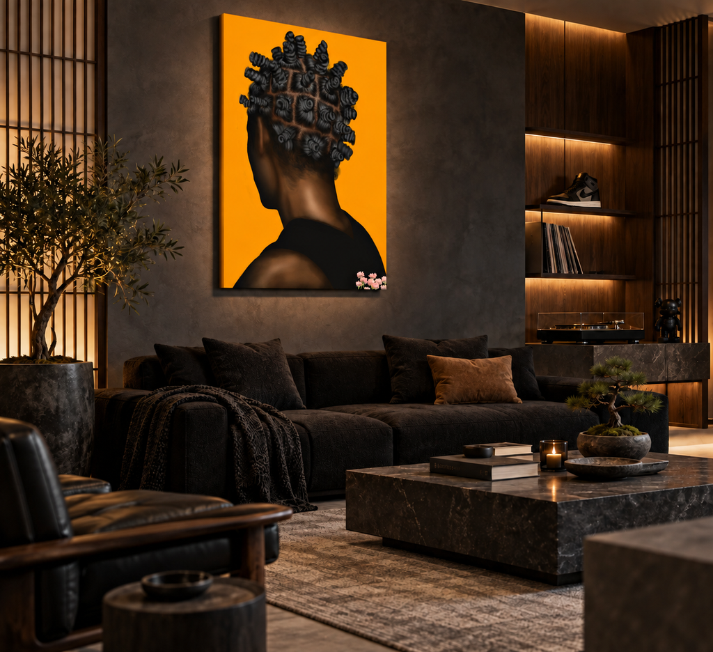 BANTU MEN orange canvas in a masculine Japanese urban lounge