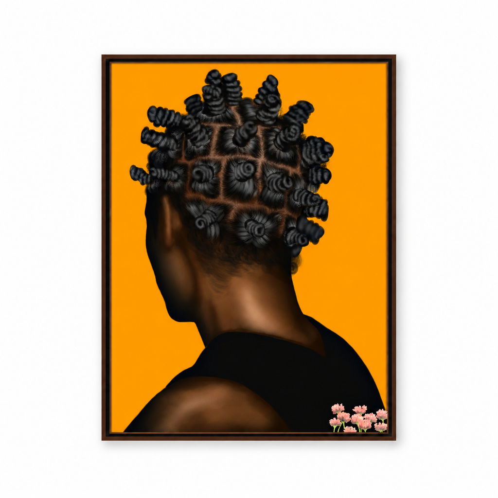 BANTU MEN orange wall art in thin brown frame on white background