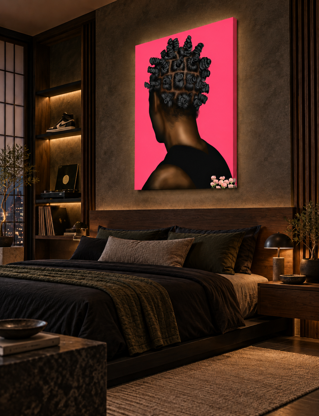 BANTU MEN pink canvas above a luxury dark wood bed