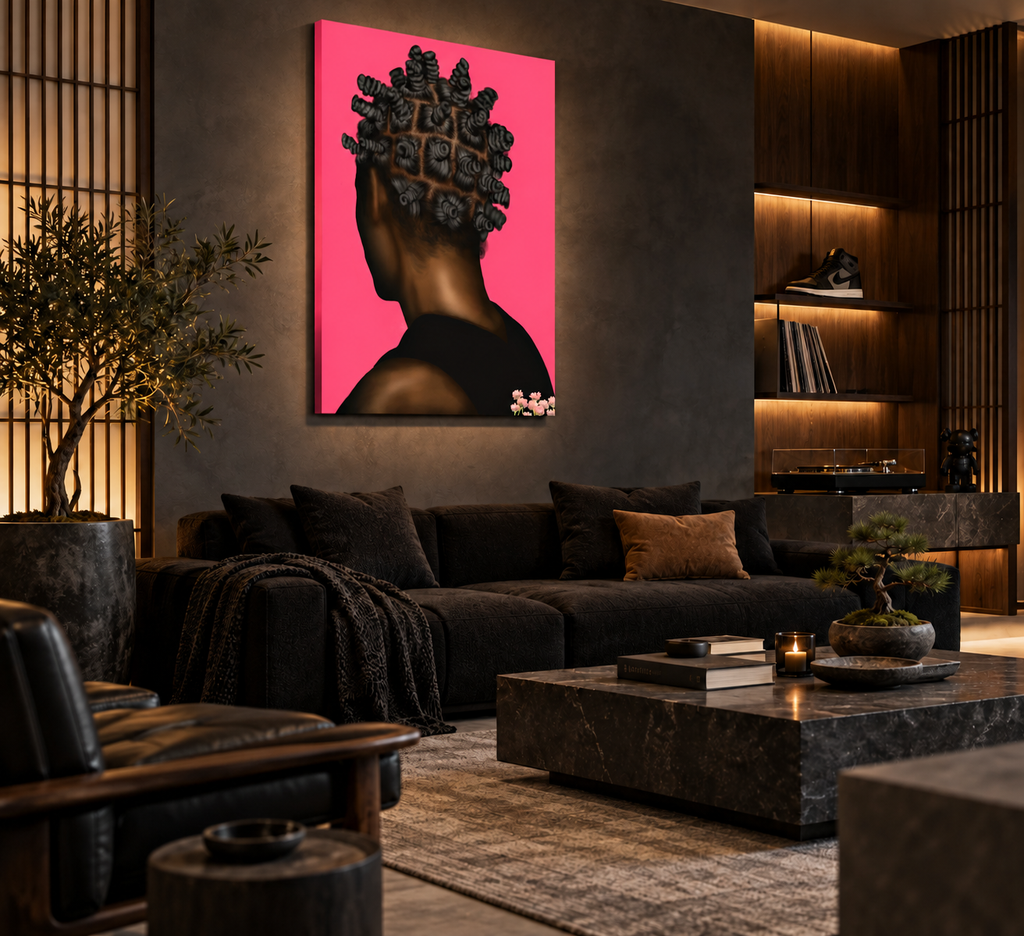 BANTU MEN pink canvas in a masculine Japanese urban lounge