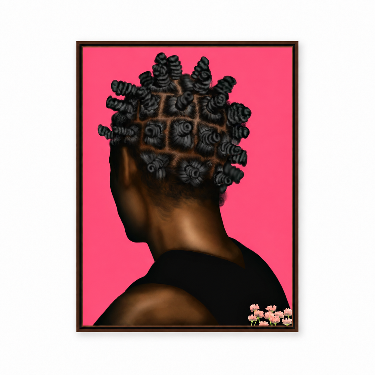 BANTU MEN pink wall art in thin brown frame on white background