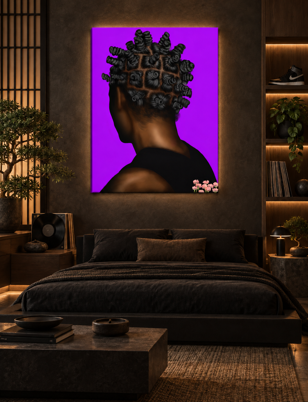 BANTU MEN purple canvas in a luxury Japanese urban bedroom