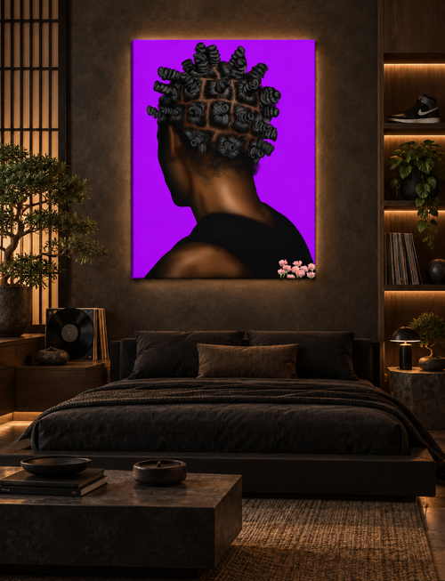 BANTU MEN purple canvas in a luxury Japanese urban bedroom
