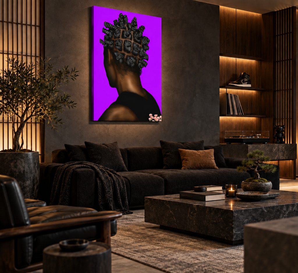 BANTU MEN purple canvas in a masculine Japanese urban lounge