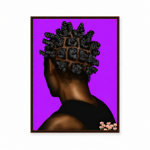 BANTU MEN purple wall art in thin brown frame on white background