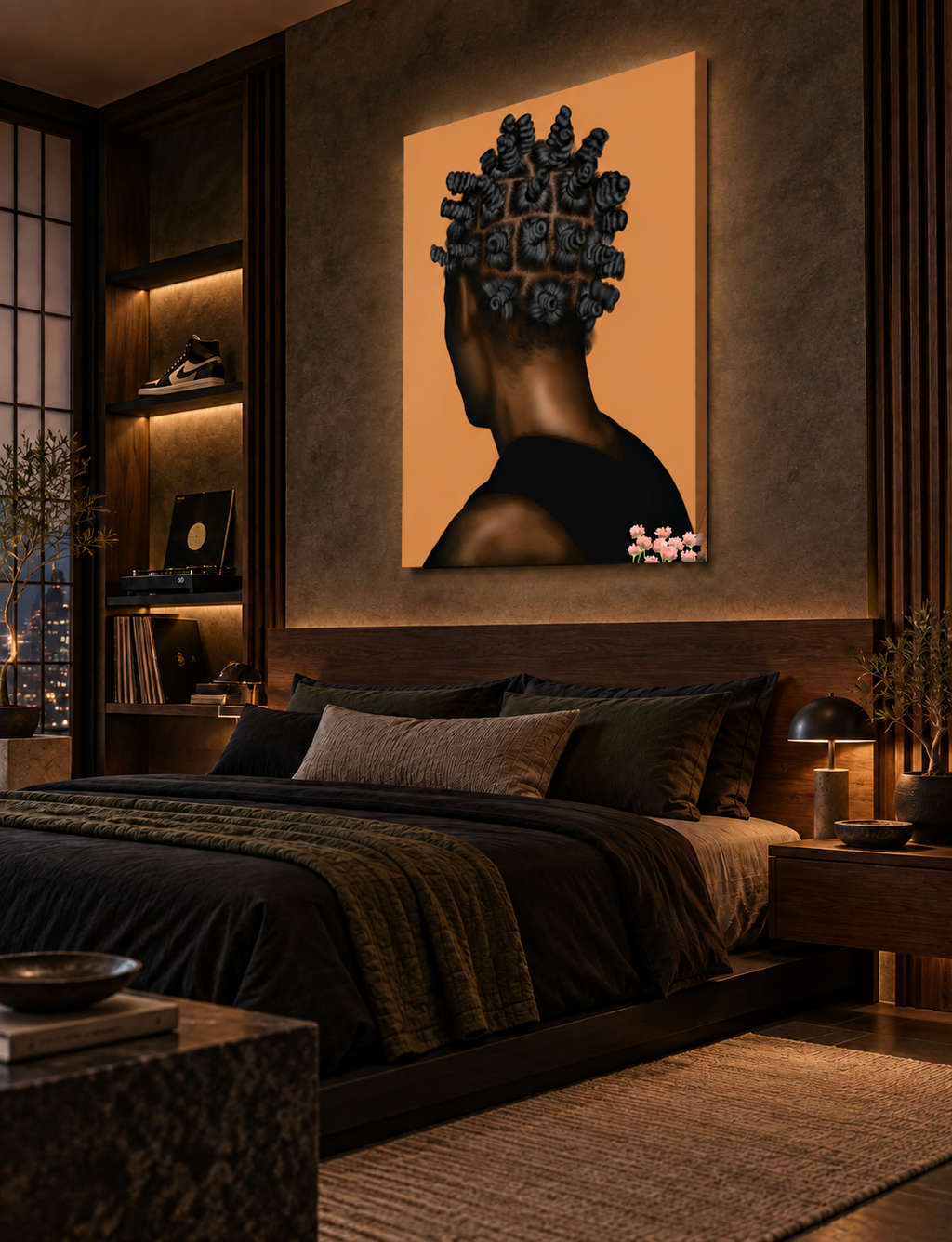 BANTU MEN tan canvas above a luxury dark wood bed